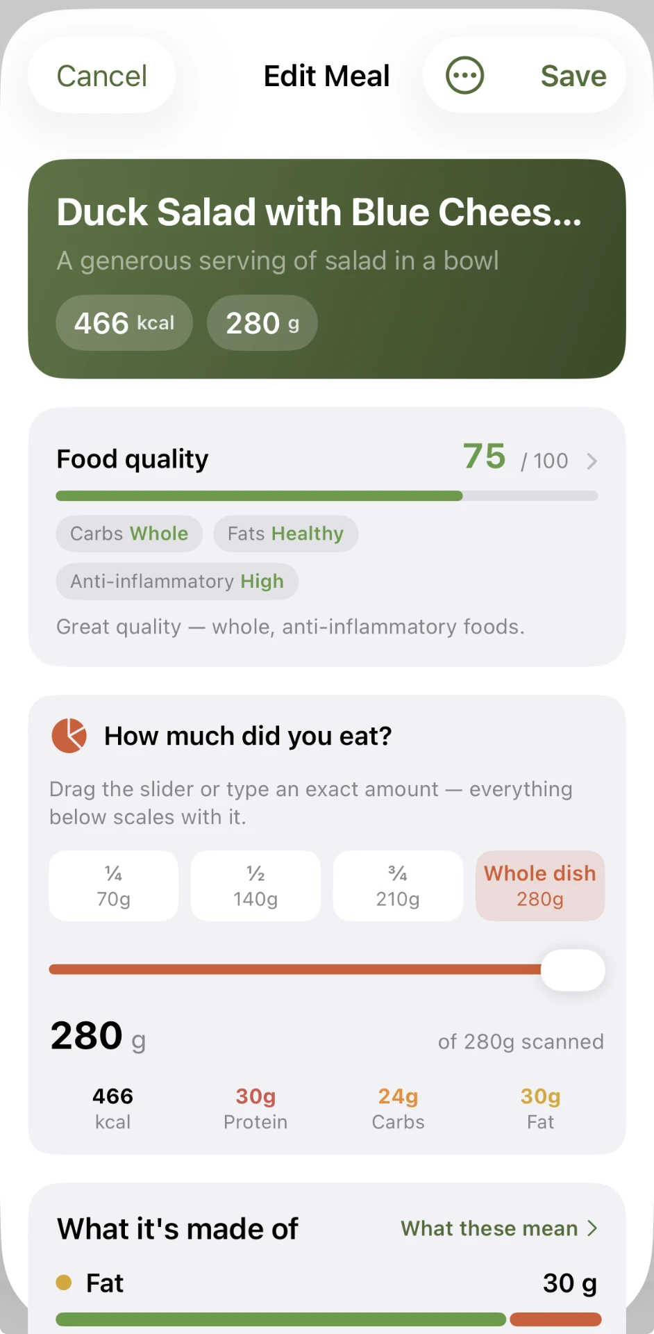 Edit Meal screen showing a food quality score of 75 out of 100