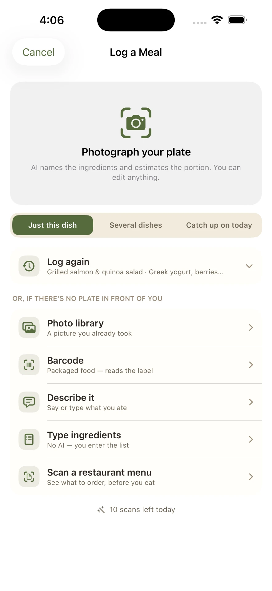 Log a Meal screen in SoHow