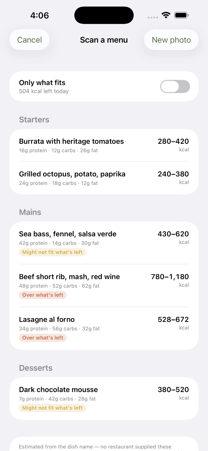 Scan a menu screen showing calorie ranges per dish
