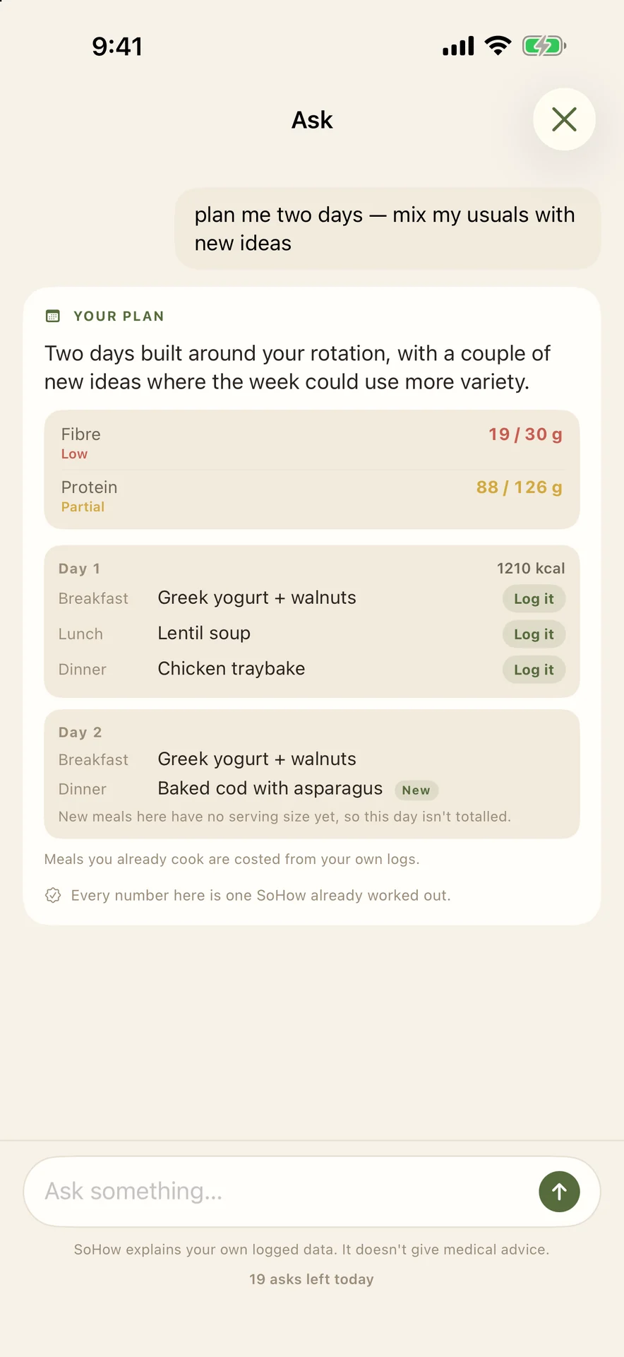 Ask screen showing a two-day plan built from your own meals