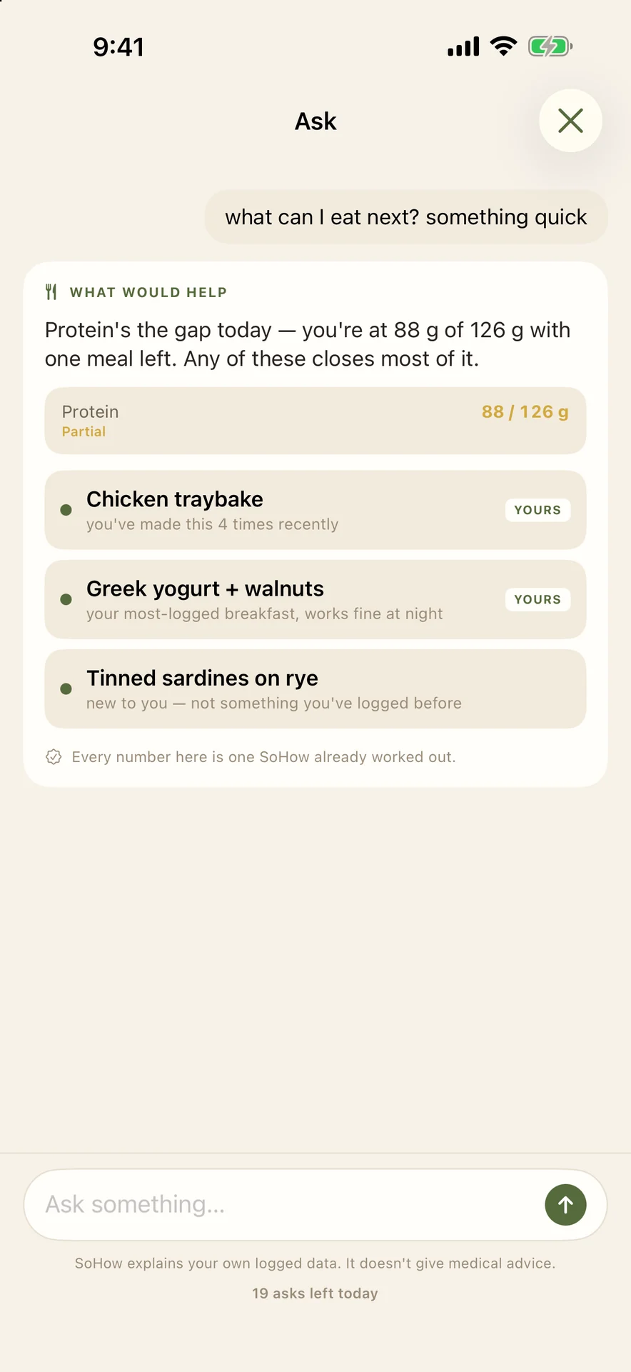 Ask screen suggesting quick meals to close a protein gap