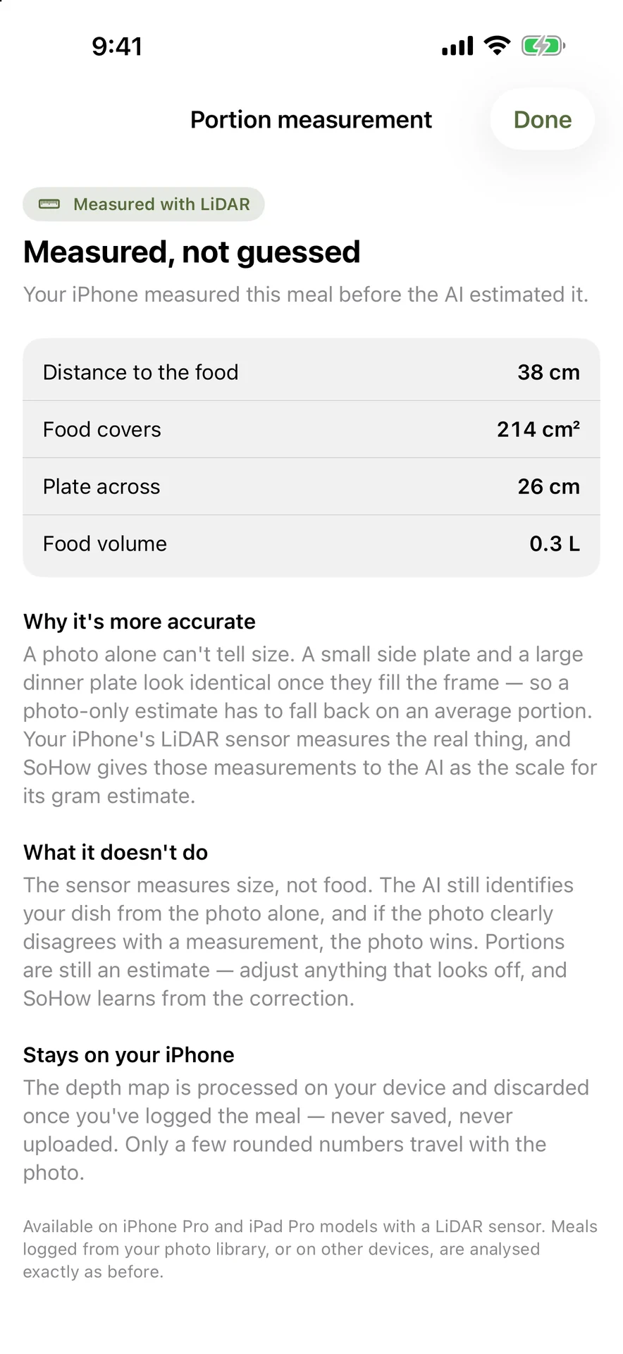 Portion measurement screen showing distance, area and volume